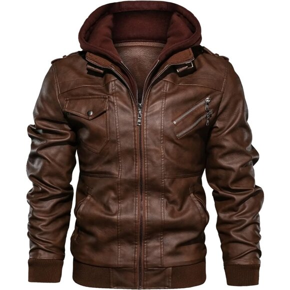Men's Faux Leather Jacket Stand Collar Motorcycle Bomber Jackets with Removable